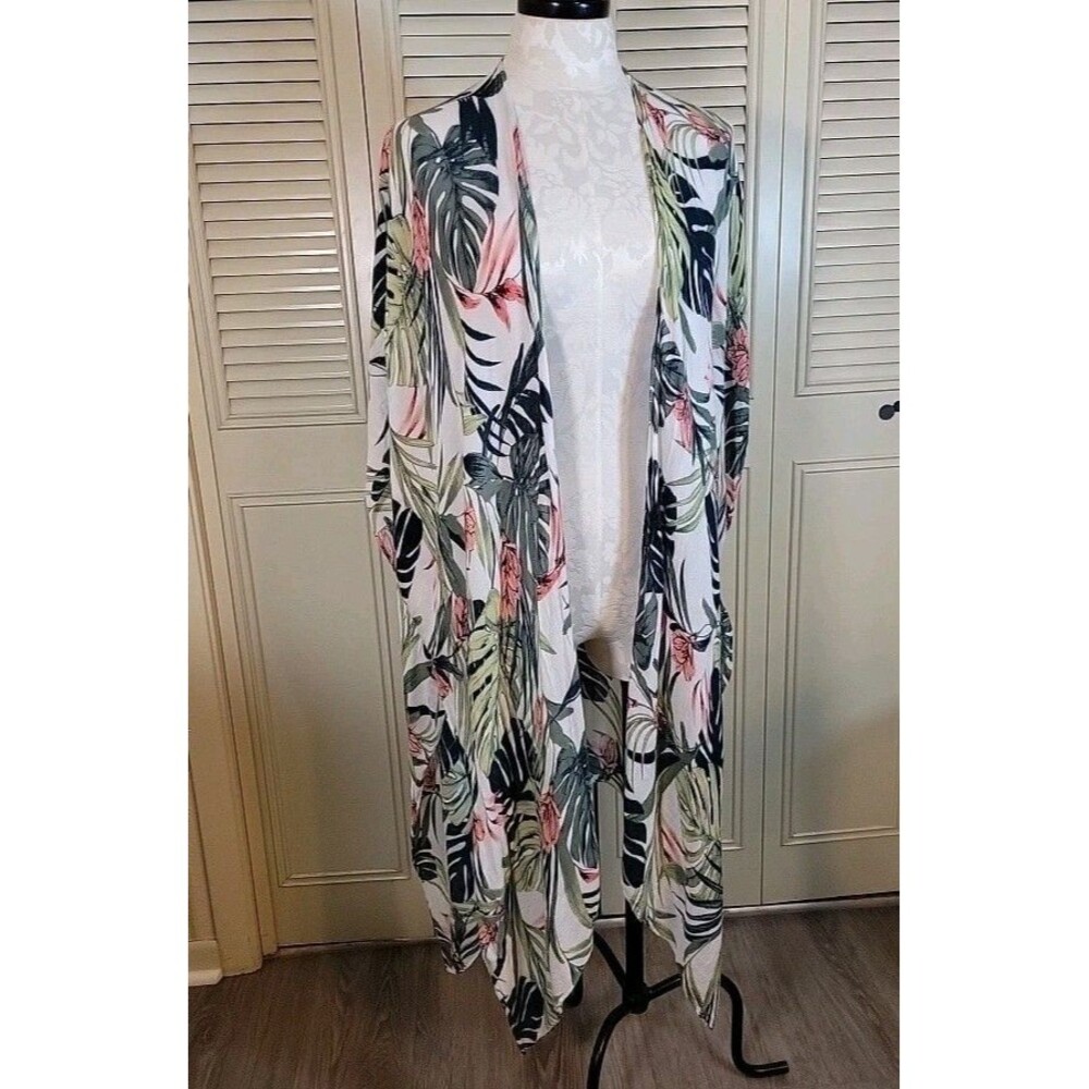 Tropical Leaf Print Kimono Duster Lightweight Sheer Boho Vacation Cover Up, O/S